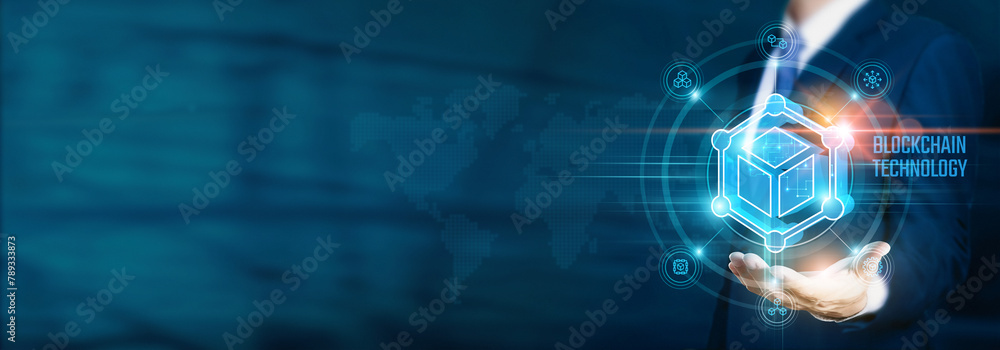 Poster businessman hand-holding blockchain icons with digital currency symbols and a network connection. na
