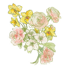 Oil painting abstract bouquet of narcissus, ranunculus and jasmine. Hand painted floral composition isolated on white background. Holiday Illustration for design, print, fabric or background. - 789333870