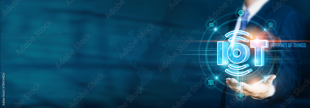 Poster businessman hand-holding internet of things (iot) icons with innovative solutions, data analytics, a
