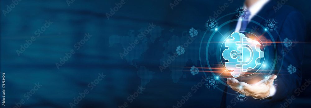 Aufkleber businessman hand-holding machine learning icons with innovation, technology, and network connections