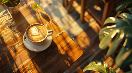 In the sunset light on a wooden table there is a mug of cappuccino with smooth foam. View from above. Drinks concept.