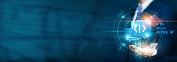 Businessman hand-holding innovative technology icons with integrated data analytics and network connections. Utilizing natural language processing (NLP) facilitates the growth of efficiency, insights.