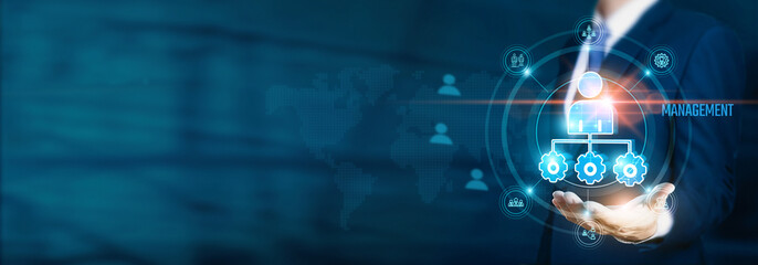 Businessman hand-holding management and leadership icons with strategy, innovation, and network...