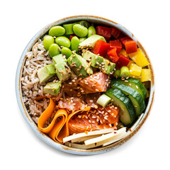 Salmon poke bowl png mockup in flat lay style