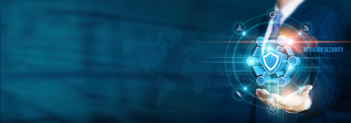 Businessman hand-holding network security icons with data protection, cybersecurity, and network connection. Ensuring the secure growth of digital assets, confidential information, business security