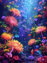 Fototapeta na wymiar Vibrant Underwater Garden of Swaying Anemones and Clownfish in a Lively Marine Ecosystem