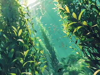 Fototapeta na wymiar Vibrant Underwater Kelp Forest Teeming with Diverse Marine Life in a Tranquil Ocean Habitat