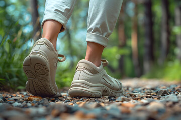 Close-up Shoes of woman Hiking in the Great Outdoors 