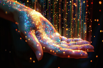 human hand receiving holographic glitter rain, iridescent, glam, on black background - obrazy, fototapety, plakaty