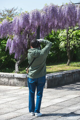 	藤棚を楽しむ女性