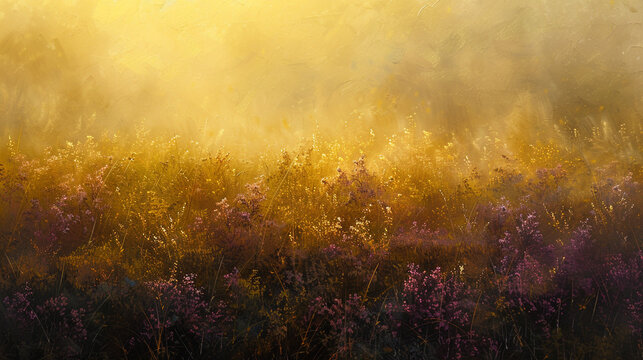 An abstract expression of heather and moss, with a golden sheen, capturing the tranquility of a misty morning. 