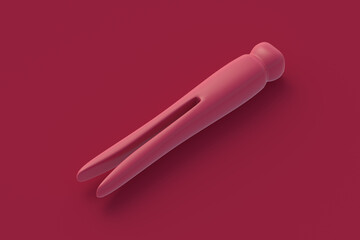 Retro clothespin of magenta on red background. 3d render