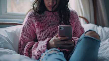 Fototapeta premium Close-up of woman's hands holding a modern phone while sitting on the sofa in a large pink sweater. Relax concept.