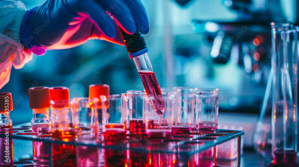 Poster scientists conduct experiments by holding a test tube with red liquid in their hands and adding from