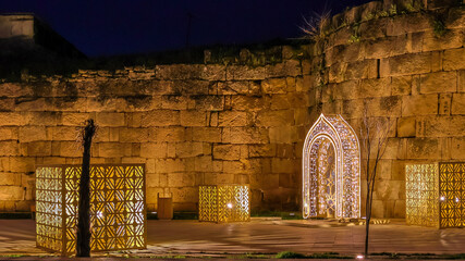 The fortress wall. It is a monument of ancient Persian fortification architecture. Festive lighting...