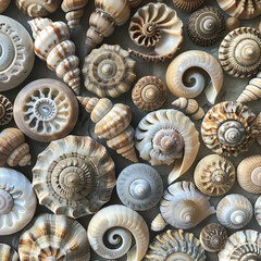 background of huge shells and rapana, close-up 3D