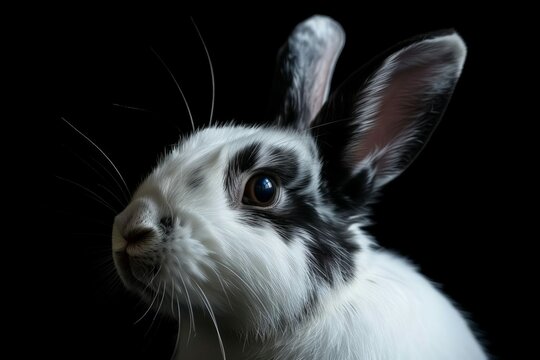 closeup portrait of cute bunny on black background studio animal photography