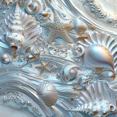 background of sea mother-of-pearl shells in blue tones in 3d abstraction