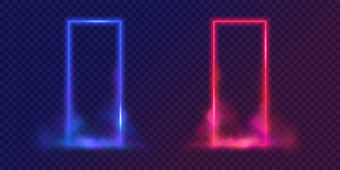Neon vertical blue and red rectangular frames with smoke. VS concept. Vector glowing portals with flashes isolated on transparent background