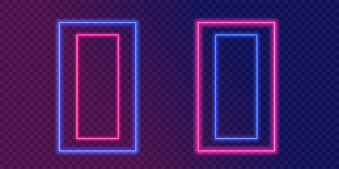 Red and blue bright neon gates set. Vector design concept. Glowing cyber portals isolated on duotone gradient backdrop
