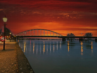 Fototapeta na wymiar The Wilhelmina bridge near Deventer at sunset