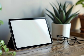 A tablet mockup featuring a large, high-resolution screen, perfect for presentations, entertainment, and creative work, resting on a minimalist wooden desk