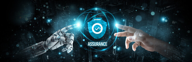 Assurance, collaboration, Hands of robot and human touch on collaborative AI network, Brain data...