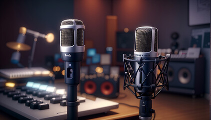 Cute Professional condenser studio microphone in a blurred background with audio mixer, Musical instrument, drum set, guitar, Concept, hype realistic, studio microphone, DUAL - obrazy, fototapety, plakaty
