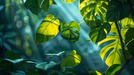 Philodendron leaves in a tropical setting. - obrazy, fototapety, plakaty