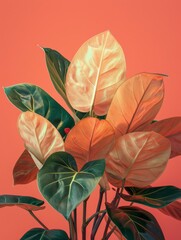 Philodendron leaves against a coral backdrop.