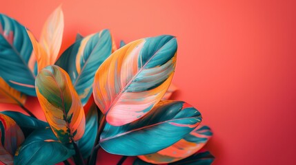 The vibrant colors of Philodendron leaves against coral. - obrazy, fototapety, plakaty