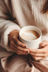 woman in soft knitwear, enjoying a mug of hot cocoa in a cozy setting сreated with Generative Ai