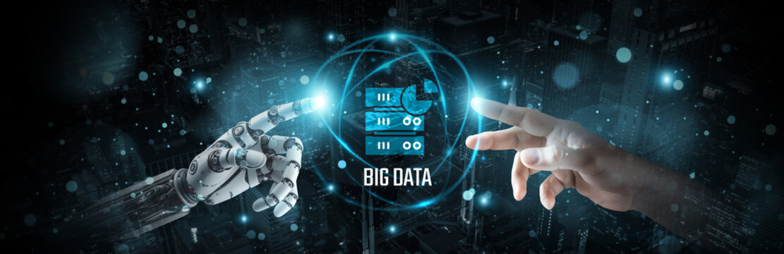 Unlocking the power of big data, the hands of robot and human touch on advanced data networks, brain data integration in big data platforms, analytics, and innovation for data-driven insights.