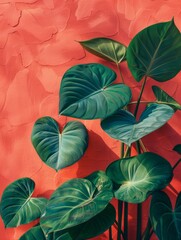 Philodendron leaves against a striking coral background.