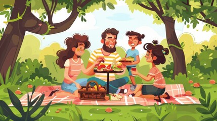 Fototapeta premium A family enjoys a picnic in the park, eating delicious food and playing games.