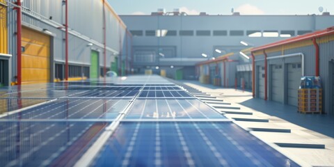 Picture of solar cells on the rooftop of a factory.