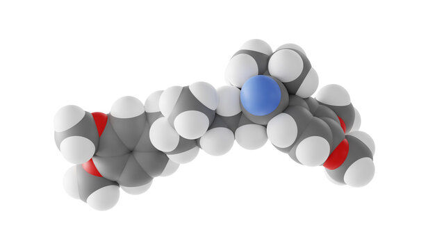 verapamil molecule, calcium channel blocker, molecular structure, isolated 3d model van der Waals
