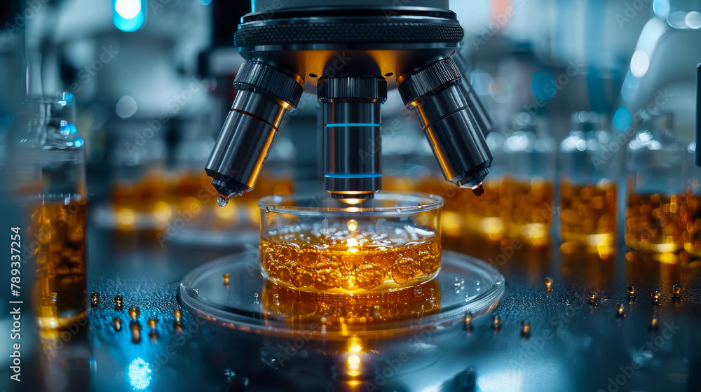 Poster a microscope is focused on a small object, possibly a cell. the image has a scientific and technical