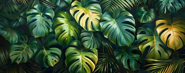 Artistic portrayal of tropical foliage with Philodendron leaves on a vibrant coral backdrop. - obrazy, fototapety, plakaty
