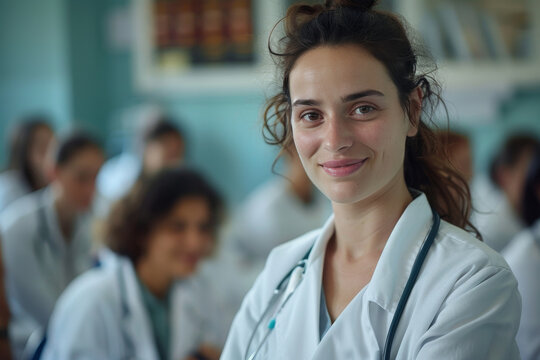Smiling Female Medical Student in Classroom Setting