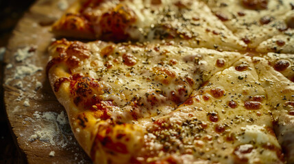 Appetizing pizza on a wooden base. They take a slice of pizza and stretchy cheese. Food concept.