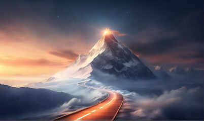 A Glowing Road going to a flag on a Snow mountain top, Business goals achievement concept, Mountain surrounded with fog, flag