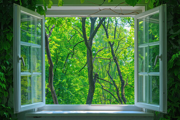white plastic window with white frames on the outside and green trees visible from inside, view through modern glass window with nature background