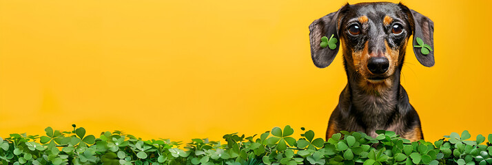 Cute dog in green clover costume sits on yellow background, generative ai - obrazy, fototapety, plakaty