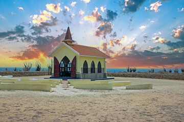 Alto Vista Chapel on Aruba island in the Caribbean at sunset.