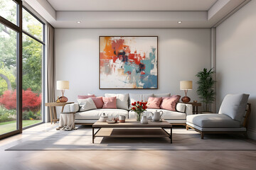 Large bright living room with shelves and big painting on white wall, white sofa with pillows.
