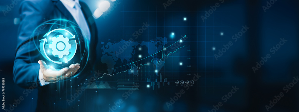 Aufkleber businessman hand-holding automation, innovation, technology, and efficiency icons with seamless netw