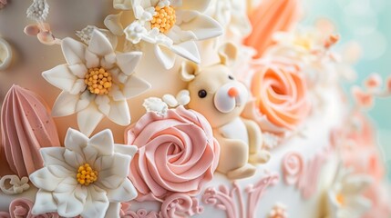 A close-up of a beautifully decorated cake with whimsical designs like flowers and animals, perfect for special occasions and celebrations.