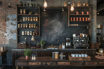 Cozy Coffee Shop Interior with Vintage Decor and Chalkboard Menu