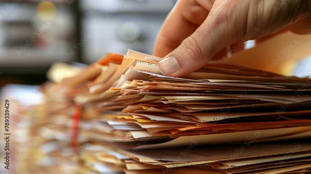 Poster a close-up of a hand reaching for a specific document from a meticulously organized stack, showcasin